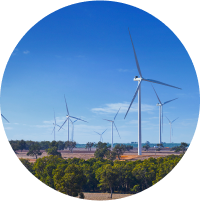 Windmills against a blue sky with green trees beneath them