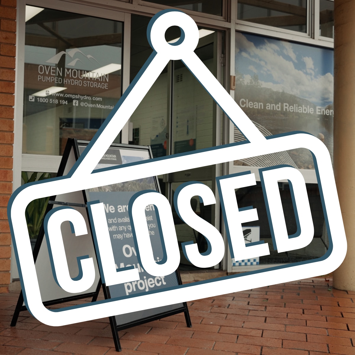 The fascia of our former Community Information Hub is shown with a white 'Closed' sign graphic superimposed over the top.