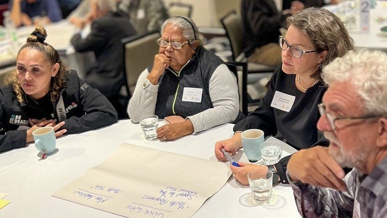 An image of several community members at a meeting. They are sat at a table listening intently.